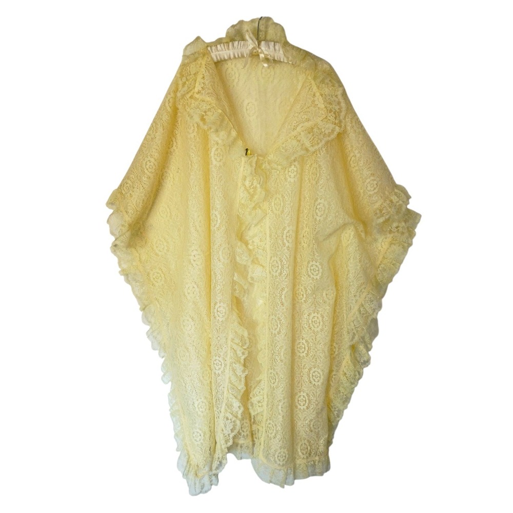 Vintage Yellow Floral Lace Ruffle Robe Sheer Romantic Cottagecore Vintage 70s OS